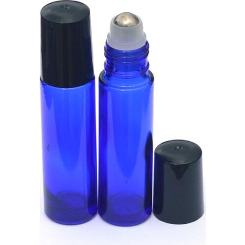 3pcs Blue Glass Bottle Roll On Empty Fragrance Perfume Essential Oil Bottle Roll-On Black Plastic Cap 10ml Bottle
