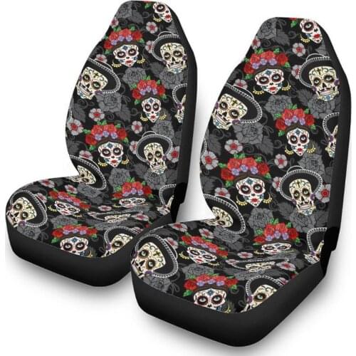 Front Seat Covers sugar skull with flower tattoo gothic Printed Auto Seat Cover Set of 2 Universal Fit white onesize