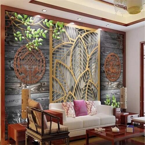 Decorative wallpaper 3D wood grain green green grille ink TV background wall painting