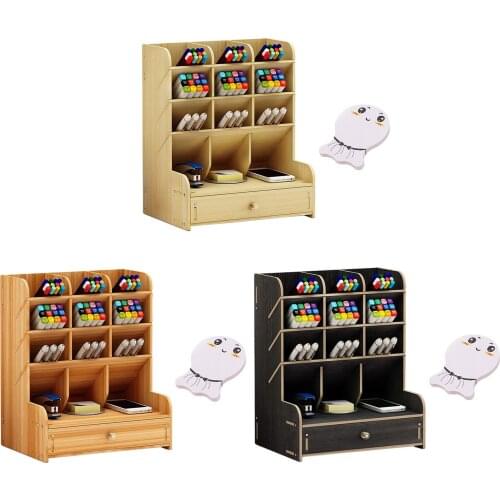 Wooden Desk Organizer DIY Pen Pencil Holder Storage Rack Box with Drawer Memo Pad for Office School Home Supplies