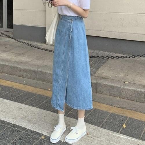 Denim skirt womens summer 2021 new A-word bag hip skirt Polyester Straight Ruffles Natural Casual long skirt