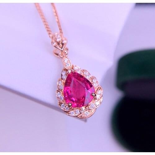 E527 Fine Jewelry Real 18K Gold Natural Rubillite Tourmaline 1.6ct Gemstones Diamond Pendants Necklaces