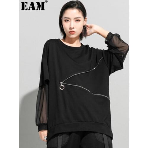[EAM] Women Black Zippper Mesh Spliced Big Size T-shirt New Round Neck Long Sleeve Fashion Tide Spring Autumn 2021 1DD5774