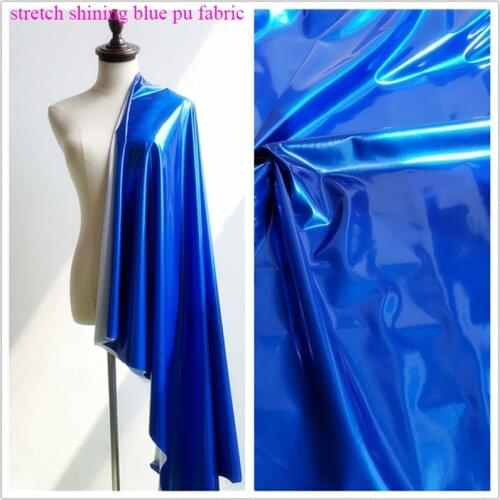 Good Stretch Blue Shining Mirror PU Leather Fabric PU Artificial Leather Sewing Material for Tights Pants DIY Bodysuits dress