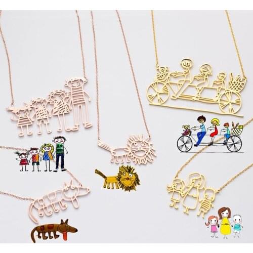 Classic Children Painting Pendant Necklace For Women Stainless Steel Kids Handwritting Handmade Funny Jewelry Memory Family Gift