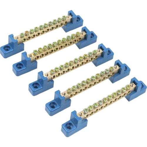 Terminal Block Blue Terminal Bus Bar 10 Positions Screw Brass Terminal Grounding Strip Bus Bar Block Pack of 5