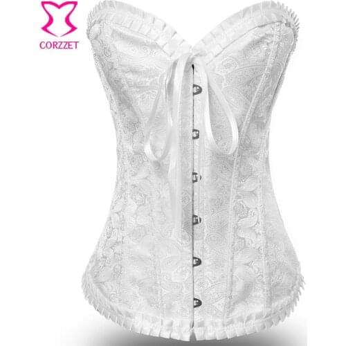 White Corset Bridal Korsett For Women Corselet Overbust Paisley Pattern Corsets and Bustiers Gothic Clothing Wedding Lingerie