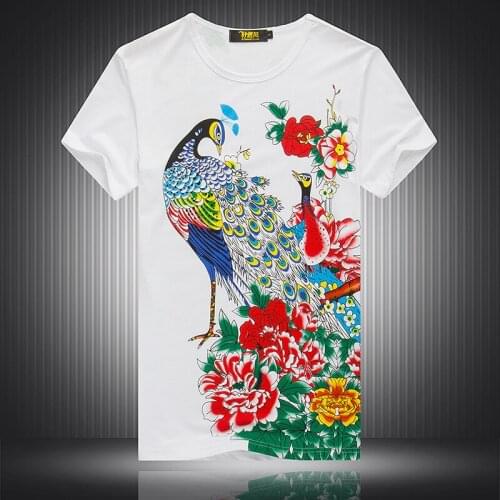 Beautiful peacock pattern printing fashion fancy short-sleeved t shirt Summer 2018 New quality cotton boutique t shirt men M-4XL