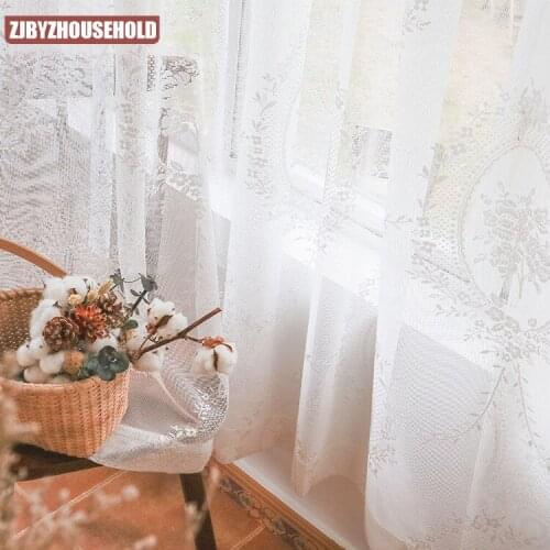 American Country Rose Embroidered Lace Mesh Curtain French Romantic Bay Window White Gauze Curtains for Living Room Bedroom