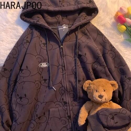 HARAJPOO Women Jacket 2021 New Full Printed Bear Ins Fashion Loose Salt Fried Street Kawaii Hooded Zipper Long Sleeve Cardigan