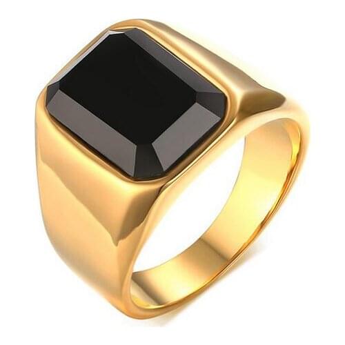 Best Selling Plated Gold stainless steel Smooth Ring Band Large Black Square zircon Stone US 7-11# women men