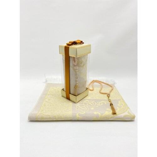 Islamic Gifts Unisex Yellow Boxed Prayer Rug Set Hajj Umrah Mawlid Gift Cotton Taffeta Prayer Mat 70x110cm And Rosary set