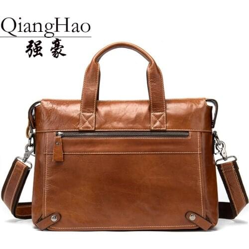 QiangHao 100% Genuine leather men brand high quality mens business handbags two color real leather soft men laptop bag
