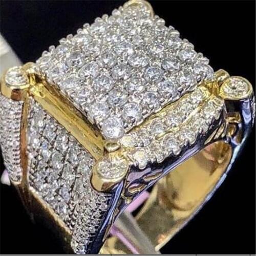 Ofertas Trendy Rings for Men Unique Design Golden Full Crystal Bussiness Style Male Wedding Engagement Ring Jewelry