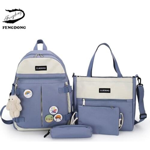4 Pcs Set Backpack Canvas Women Backpacks Kawaii School Bags For Teenager Girls 2021
