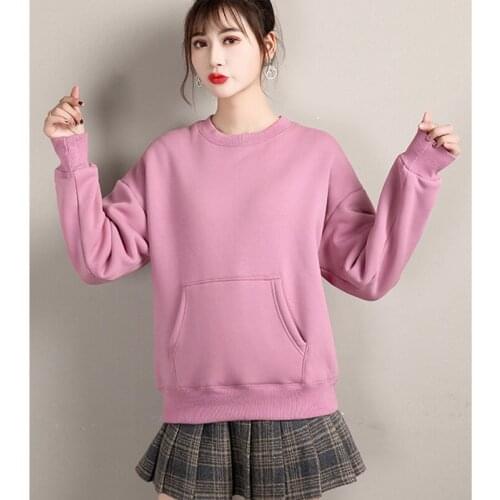 Autumn Womens Plus Velvet Padded Round Neck Large Size Lamb Cashmere Student Pullover Warm Pocket Hoodless