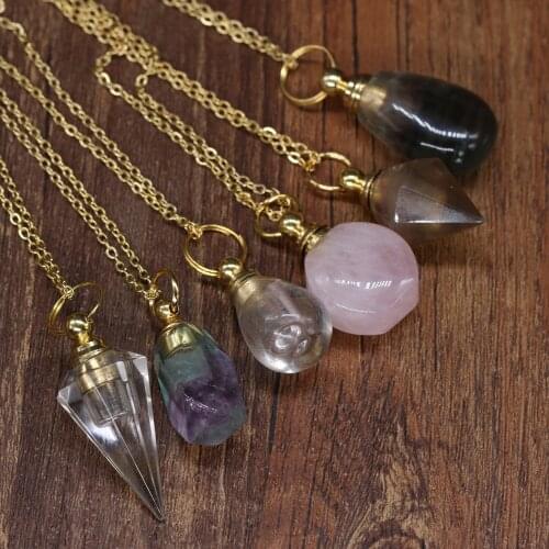 Natural Gems Stone Perfume Bottle Necklace Essential Oil Diffuser Amethysts Crystal Pendant for Jewelry Necklace Party Gift