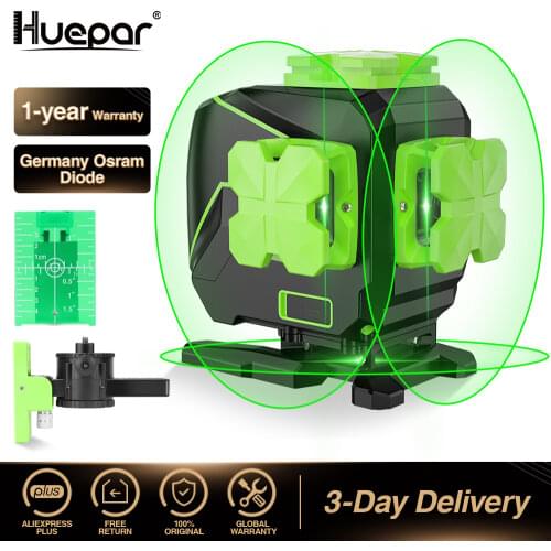 Huepar 12 lines 3D Cross Line Laser Level Self-leveling Green Beam Floor Laser Vertical Horizontal Line Use Dry & Li-ion Battery