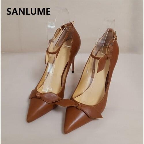 SANLUME Top Quality Women 100% Genuine leather High heels Ankle Strap thin heels Sexy shoes inside sheepskin leather pumps