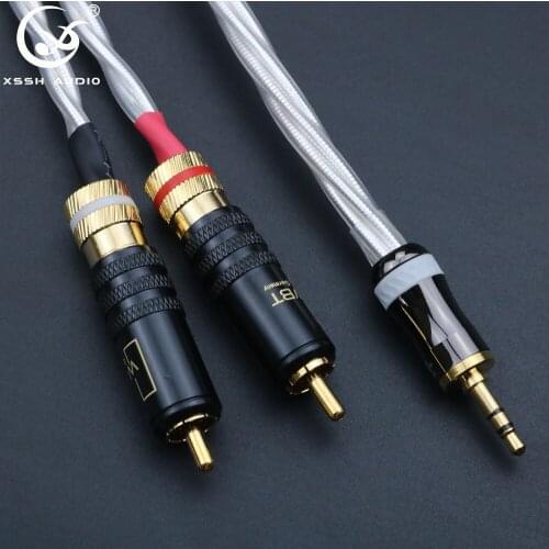 XSSH Hifi High Quality 8 core 7N copper OFC plated Silver Aux 3.5mm Headset Plug to 2RCA jack Audio Signal Line