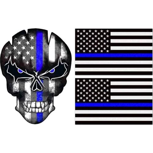 Reflective Car Stickers Skull Blue Line American Flag Decals Car Decorations For Cars Trucks Support Police Firefighter