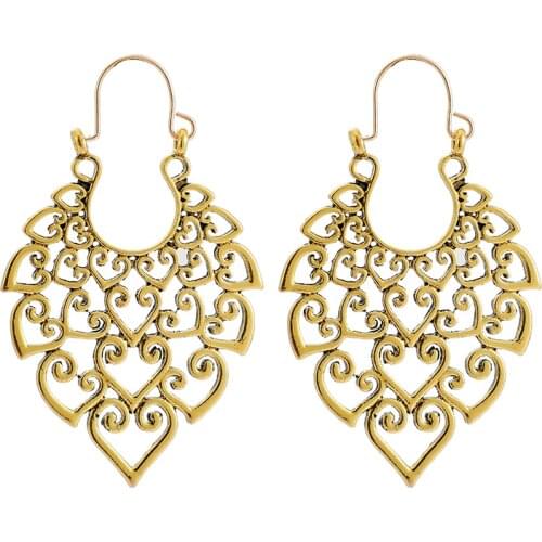 HuaTang Vintage Antique Gold Silver Color Heart Drop Dangle Earrings for Women Piercing Earring Brincos Ethnic Jewelry 9664