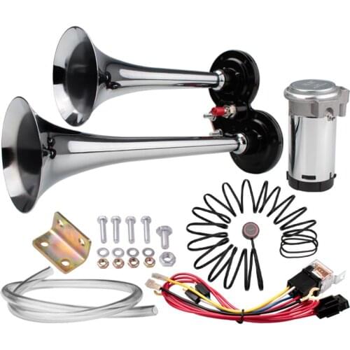 FARBIN 12V/24V 150db Super Loud Air Horn Chrome Zinc Dual Trumpet with Compressor