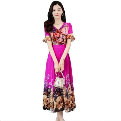 High quality womens new chiffon dress fashion sexy waist cover belly plus medium size check summer was thin printed dresses