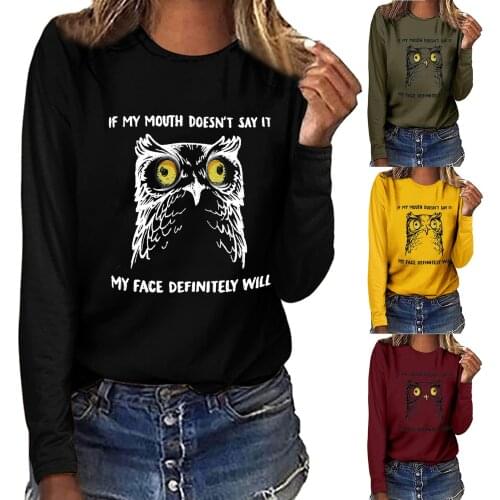 Women T-shirt Long Sleeve O-neck Shirt Lovely Owl Head Printing T-shirt Solid Color All-match Girls Daily Casual Knitted Sleeve