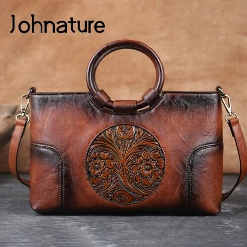 Johnature High Quality Leather Women Bag 2021 New Retro Handmade Embossed Shoulder Bags Large Capacity Female Messenger Bag