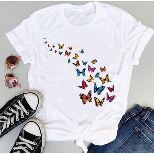 Women Cartoon Butterfly Holiday Beach Cute Short Sleeve Sweet Summer Fashion Print Lovely Clothes Tops Tees Tshirt T-Shirt