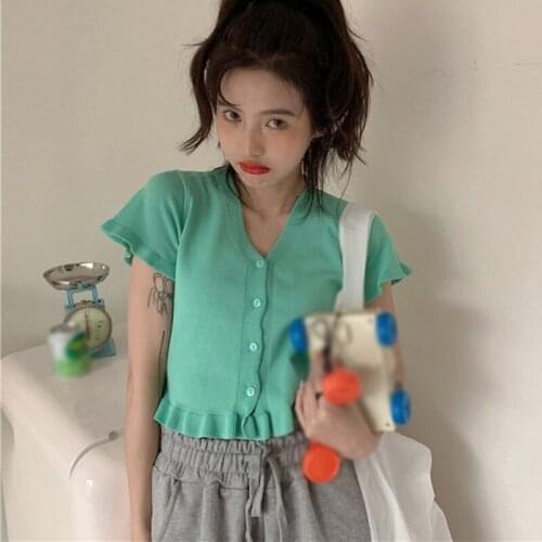 Women Sweet V-neck Tops Butterfly Sleeve Ruffled Short Section Exposed Navel Knitted Short-sleeved T-shirt