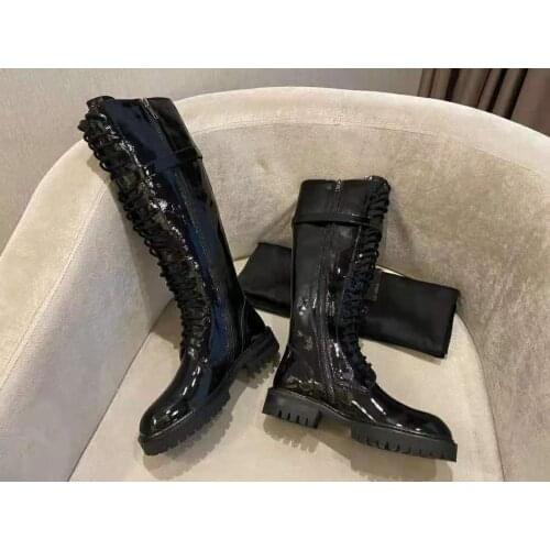 Womens Shoes Black Original Genuine Leather Knee High Boots Buckle Zipper Lace-up Rock Roll Boots