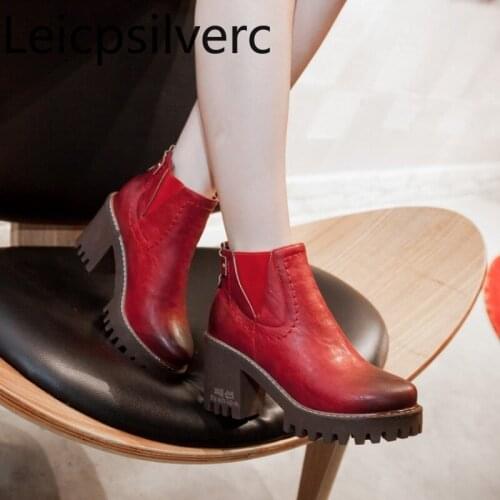 Autumn And Winter The New fashion Round head Color matching Thick heel High heel Short tube Womens Boots plus size 32-43