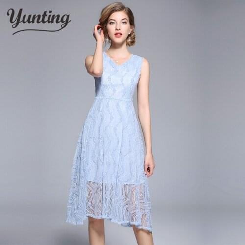 Women Slim Hollow Out Lace Short Blue Dress 2021 Summer Sundress Lady Casual Fashion Cute Party Dresses
