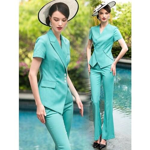 Women s office suits set professional female business lady suit plus size green blazer pant designer tailor 2019 free ship