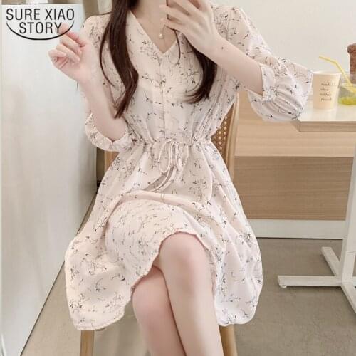 2021 Summer Korean V-neck Drawstring Floral Dresses Jupe Femme Casual Long Dress Women Female Vestido Eleagnt Dresses 16058