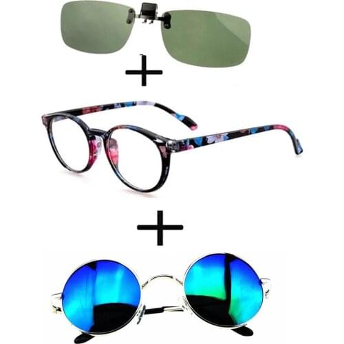 3Pcs!!! Retro Round Light Reading Glasses for Men Women + Polarized Sunglasses Alloy Luxury Round + Sunglasses Clip