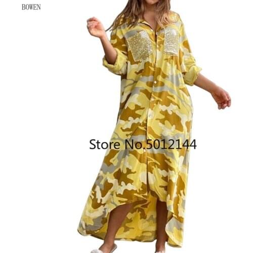 Maxi Beach Dress Elegant Women Button Long Shirt Dress Summer Split Print Lapel Neck Party Dress Long Sleeve Checked Plaid Robe