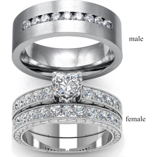 Carofeez Fashion Jewelry Couple Rings Simple Stainless Steel Men Ring Romantic Heart Zircon Ring Set Engagement Wedding Band