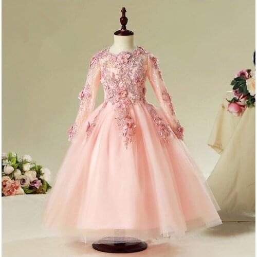 KICCOLY 2018 New Elegant Girl Pink Lace Sleeve Dress Child First Communion Dress Baby Girl Formal Wedding Dress Flower Girl Gown