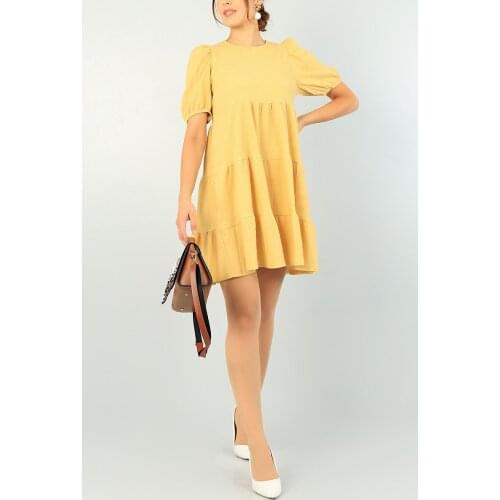 Ladies Dress Mustard Kırıntıl Fabric Bike Collar New Fashion Trend Quality 100 Viscose
