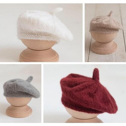 Neonatal photography props hand-woven mohair beret cap baby photo children hat cotton soft pure color