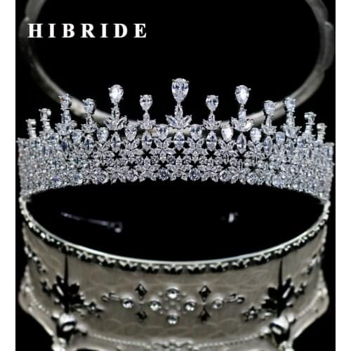 HIBRIDE Luxury Water Drop Cubic Zircon King Crown Women Wedding Hair Accessories Jewelry For Party Birthday Gifts C-113
