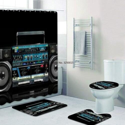 Retro Old School Boombox Shower Curtain Set Funny Ghetto Blaster Music Musical Bath Curtain for Bathroom Rug Cassette Home Decor