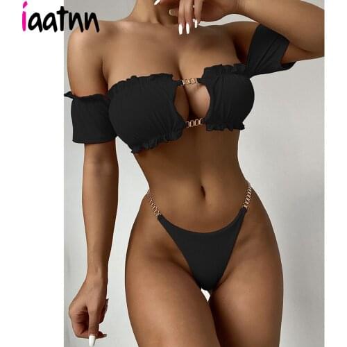 Sexy Bikini 2021 Swimsuit Female Swimwear Womens Mini Thong Bikinis Set Pleated Bandeau Short Sleeve Swimming for Bathing Suit