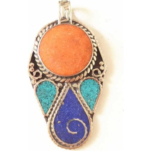 TBP483 Nepal Hand Vintage Lovely Pendant Copper Inlay Colorful Stone Pendants