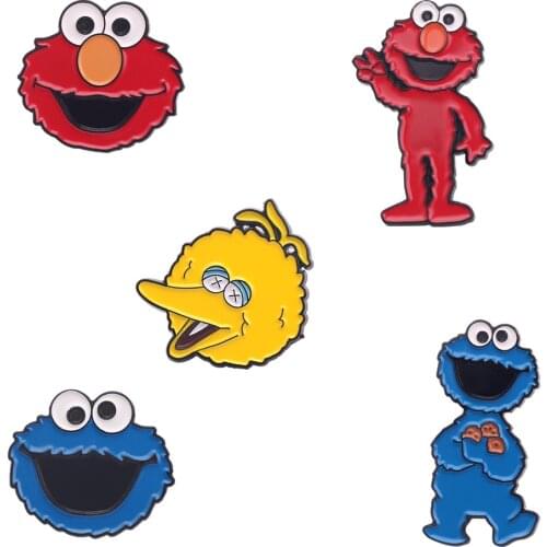 Sesame Street Brooches Red Blue Enamel Pins Cartoon Figure Elmo Cookie Monsters Pin Big Bird Brooch Anime Cartoon Unisex Jewelry