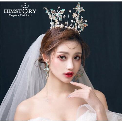 Himstory Vintage Blue Butterfly Bridals Tiaras Crowns Baroque Round Brides Hairbands Wedding Hair accessories Prom Jewelry Gift