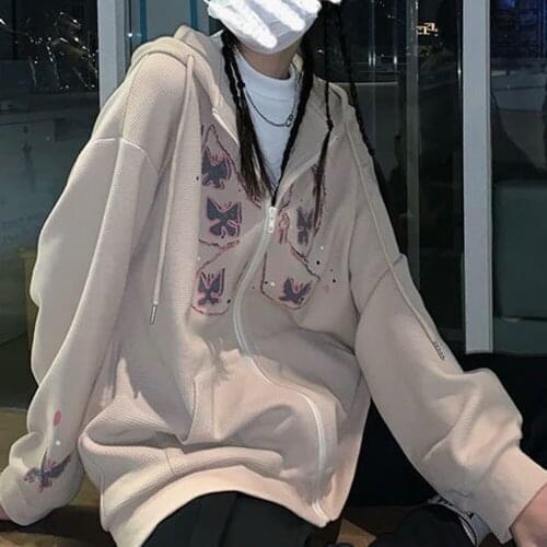 YiYiMiYu 90s Y2K Khaki Zip Sweatshirt Waffle Winter Jacket Top Oversized Hoodie Butterfly Retro Pocket women Sleeve Pullover